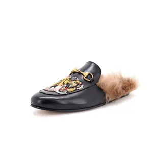 Pre-owned Gucci Men's Princetown Mules Embroidered Leather with Fur by Rebag