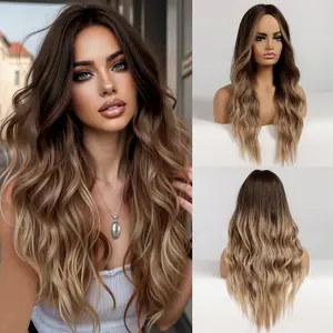Women's European-American Style Synthetic Full Machine Wig - Gradient Brown Long Curly, Full Coverage, Flowing Appearance, Fashion Accessory Hair Extension