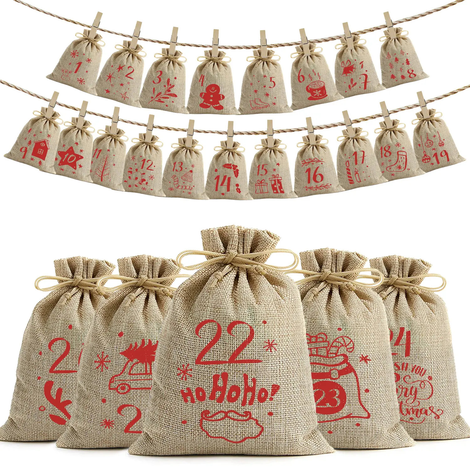 24 Pcs 2025 Christmas Advent Calendar Burlap Drawstring Bag Packs, 24 Days Countdown Calendar Burlap Bags with Gift Set christmas decorations christmas decorations mini christmas gift bags Assorted Tags