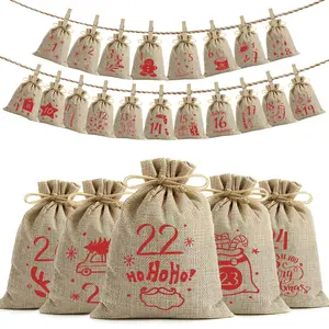 24 Pcs 2025 Christmas Advent Calendar Burlap Drawstring Bag Packs, 24 Days Countdown Calendar Burlap Bags with Gift Set christmas decorations christmas decorations mini christmas gift bags Assorted Tags