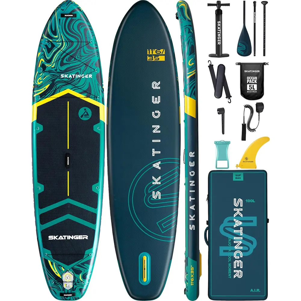 Skatinger 11'6×35" Super Wide Inflatable Paddle Board, Ultra Stable Stand Up Paddleboards for 450lb/3 People/Family/Big Size w/Shoulder Strap, 100L Backpack, All-Round Sup Board, US Fin