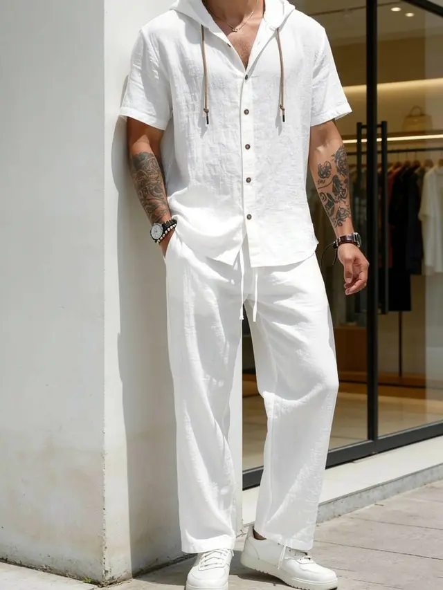 Men’s fashion two-piece summer set with a hood, casual minimalist style, loose breathable fabric—hoodie and wide-leg pants—suitable for vacations and everyday wear.