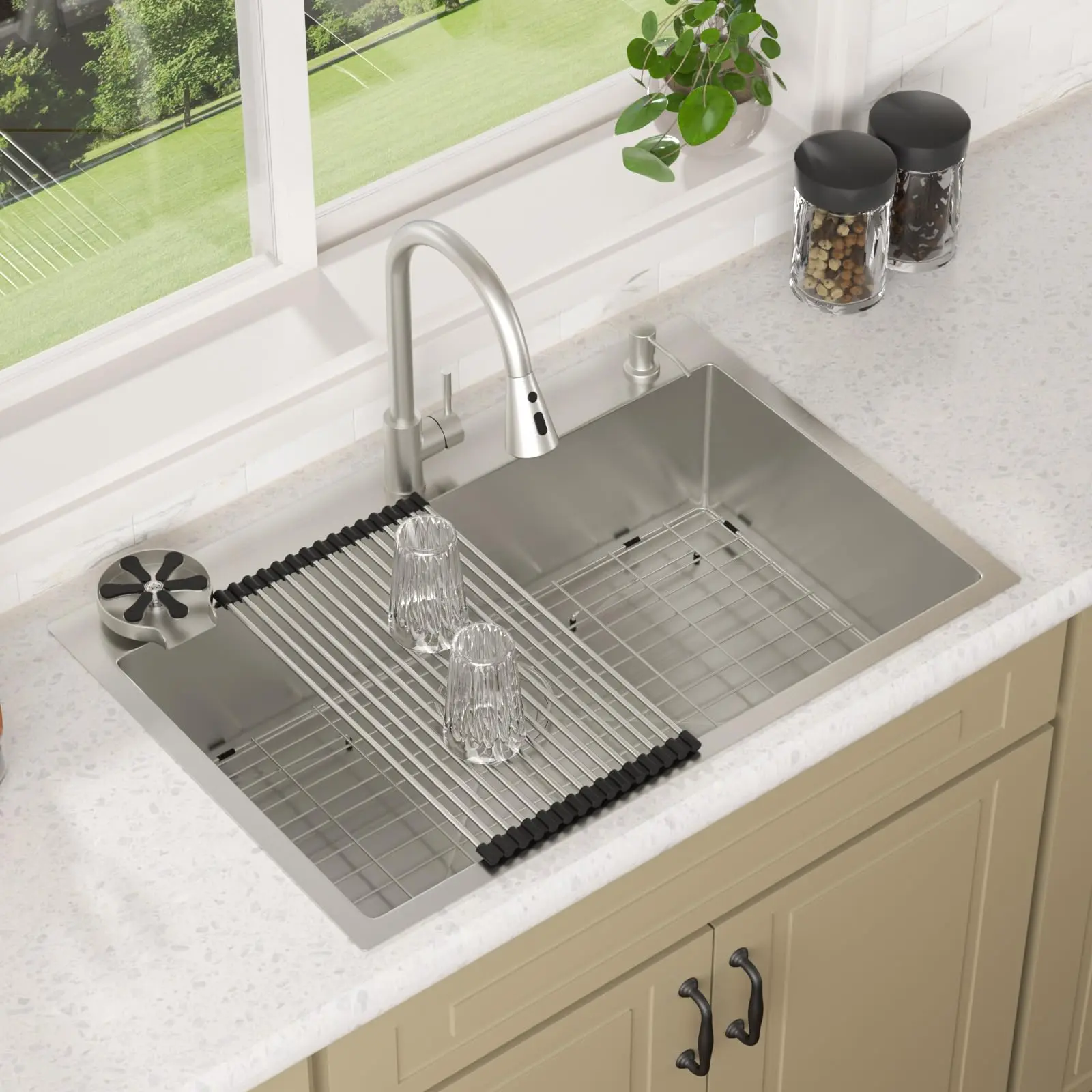 Lordear 33"L x 22"W x 9"D Durable T304 SS Bowl Sink, 16-Gauge Drop-In Top-Mount Single Bowl Kitchen Sink Combo with 3-Spray-Mode Faucet, Fast Drain Strainer, Glass Rinser, Soap Dispenser, Grid, Rollup Rack for Apartments, Islands