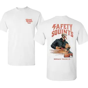 Safety Squints Shirt with Skull Grinder Artwork, 2 Sides Graphic Tee, Soft Cotton Blend Shirt, Funny Blue Collar Construction Apparel, Workwear Gift for Men and Women