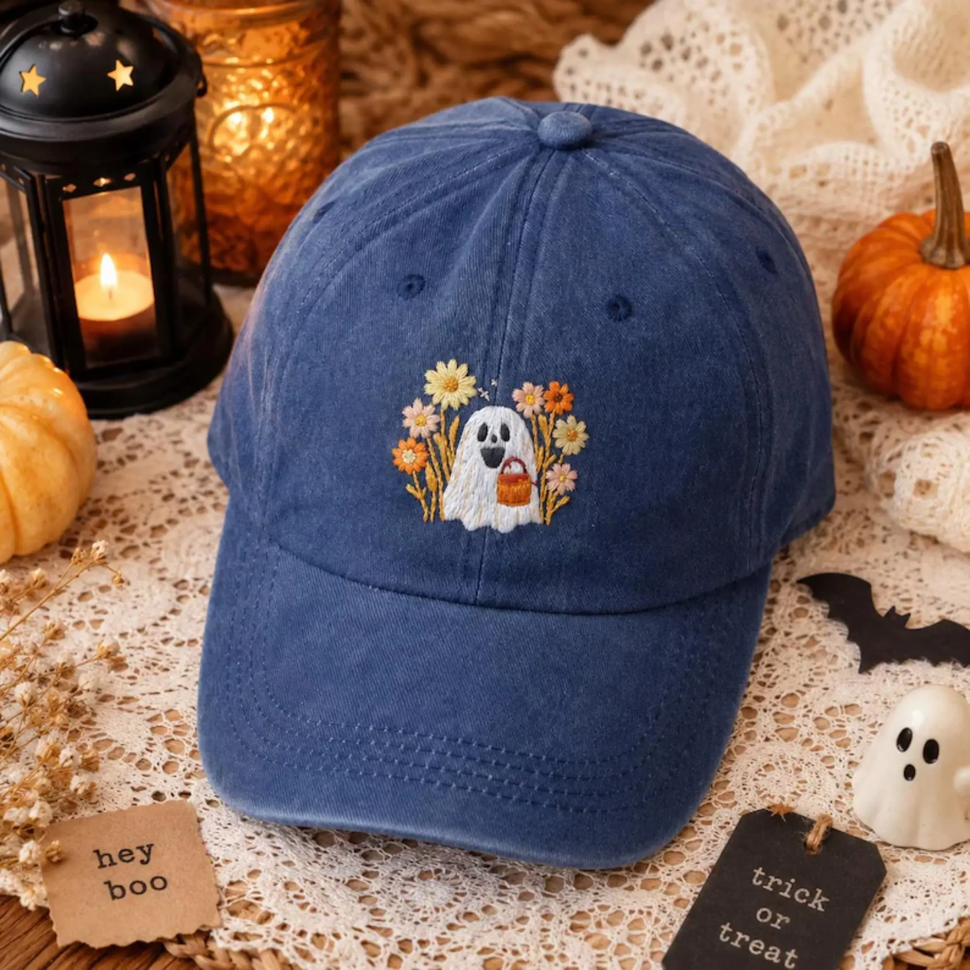 Ghost Embroidered Hat, Halloween Baseball Cap, Fall Cottagecore Style, Spooky Season Gift