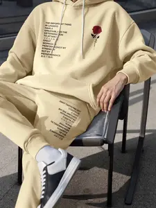 Men's Floral & Letter Print Hoodie Set, Casual Long Sleeve Pullover with Pockets, Comfortable Waist Belt, Includes Sweatpants
