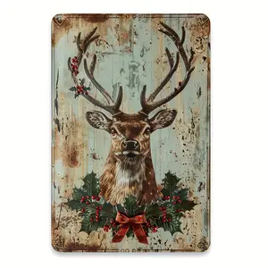 2D Flat, 1pc Vintage Rustic Deer Metal Wall Decor - 12x8 Inch (20.32x30.48cm) Farmhouse Christmas & Halloween Decoration with Antlered Deer, Red Berries & Holly - Durable, Easy Hang For Home, Bar, Cafe - Holiday Home Decor