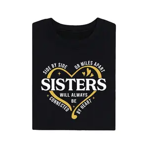 "Side by Side or Miles Apart Sisters Will Always Be Connected by Heart" Women's Sweatshirt, Heart Graphic Family Quote Top, Black Casual Cotton Blend Pullover, Sentimental Sisterhood Shirt