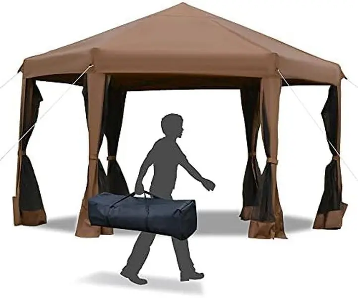 Crestholm 13x13 ft Hexagonal Pop-Up Gazebo, 6 Zippered Mesh Sidewalls, 3-Level Height Adjust, Drainage Holes, 12 Stakes & Carry Bag for Backyard, Garden, Camping, Events