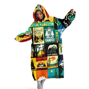 Hooded, wearable blanket, Cozy hooded blanket, plaid patchwork camping print blanket, digital print flannel blanket, soft and warm blanket, sofa throw, air conditioning, nap, office, bed, camping, travel blanket