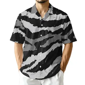 Grey Tiger Stripe Camouflage Print  Hawaiian Shirt Family Hawaiian Button Down Shirt, Summer Hawaiian Shirt, Beach Trip Shirts, Beach Aloha Shirt for Men and Women, Casual Summer Vacation Shirt, Tropical Print Menswear Top S-5XL