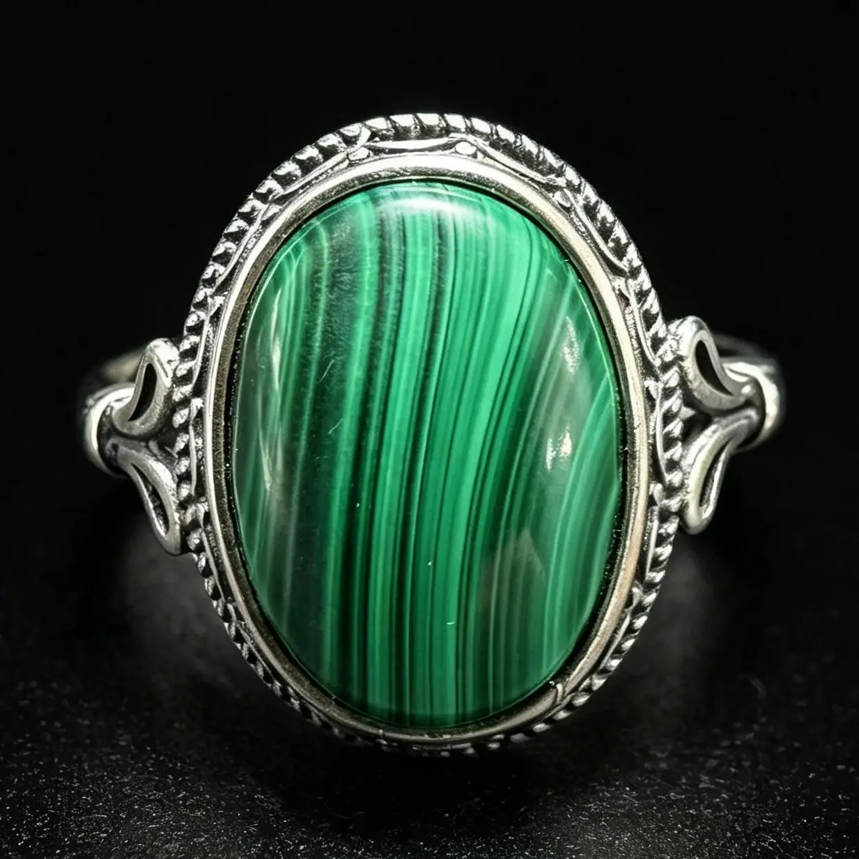 Unisex 925 Silver Adjustable Natural Malachite Ring - Oval, 14×10mm, Earthy, Bohemian Edgy Elegance Natural Crystal Jewelry Accessory, Earthy, Edgy Elegance