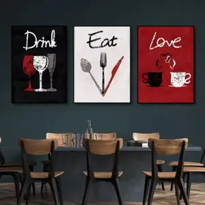 3pcs Frameless Love Drink Eat Posters, Artistic Canvas Art Print, Vintage Background, Home Kitchen Decorations