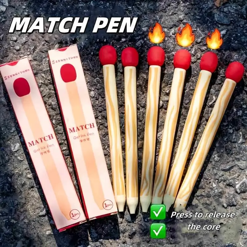 1PC Matchstick Design Fun Creative Sign Pen, Fast-Dry Push Button Gel Pen, Unique Stationery for Study and Notes, Fun and Practical Gift, Gel Ink Pens