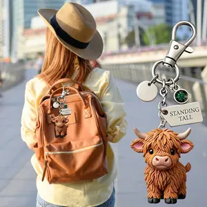 Cute Highland Cow Keychain, 3D Resin Cow Charm Keyring with Birthstone & Inspirational Card, Backpack Purse Bag Accessories, Motivational Highland Cow Gift for Women