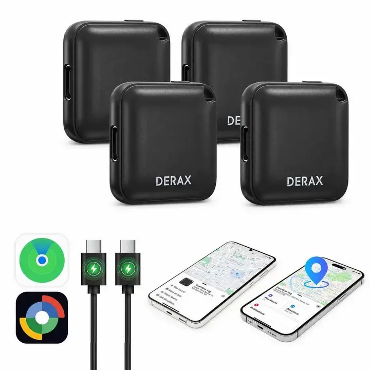 DERAX Bluetooth Tracker (iOS and Android) 4 Pack, Rechargeable Tracker Tags Compatible with iOS and Android, Anti-Lost Item Finder for Keys Wallet Luggage Backpack, Black