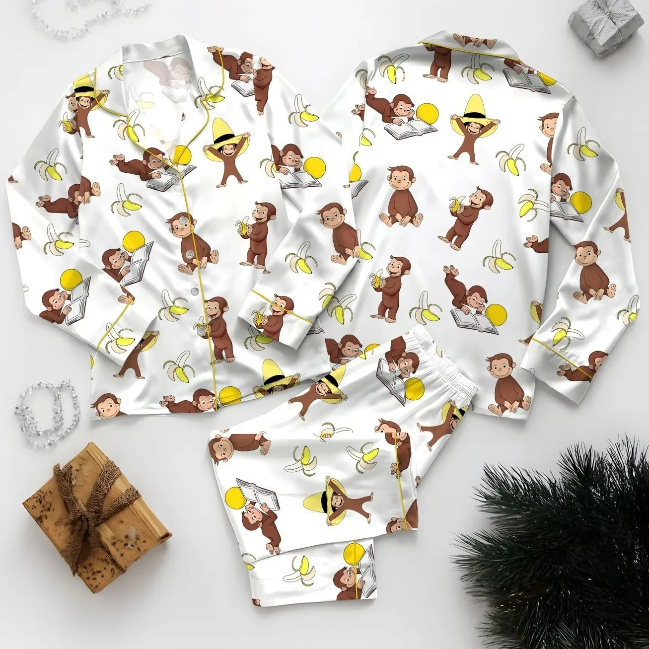 Women's Monkey Banana Print Pajama Set , Cute Monkey & Banana All-Over Print Lapel Collar Button-Front Shirt & Elastic Waist Pants, All-Season Sleepwear, Pajamas for -Like s, Themed Costume Party Outfit