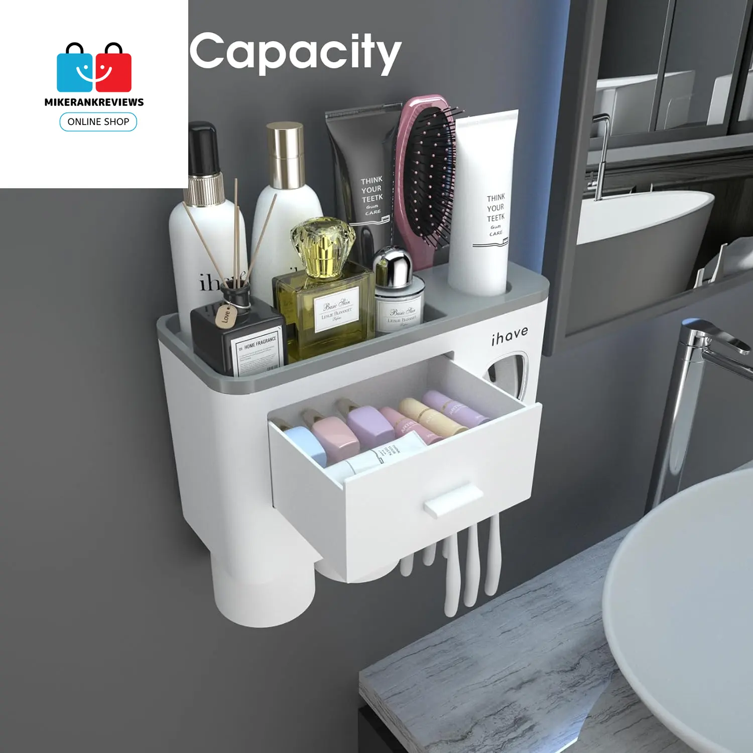 Ihave Toothbrush Holders for Bathrooms, 2 Cups Toothbrush Holder Wall Mounted with Toothpaste Dispenser- Large Capacity Tray,No Brand Magnetic Ceramic