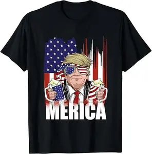 Merica Trump Shirt 4th of July Funny Patriotic Beer Graphic Tee Men Donald Sunglasses USA Flag Summer Party Black Top