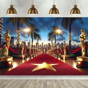 Hollywood Red Carpet Party Banner with Golden Statues & Starry Sky Design Durable Polyester Indoor Outdoor Decoration for Weddings Birthdays 30x40 40x60 50x60 60x80 60x90