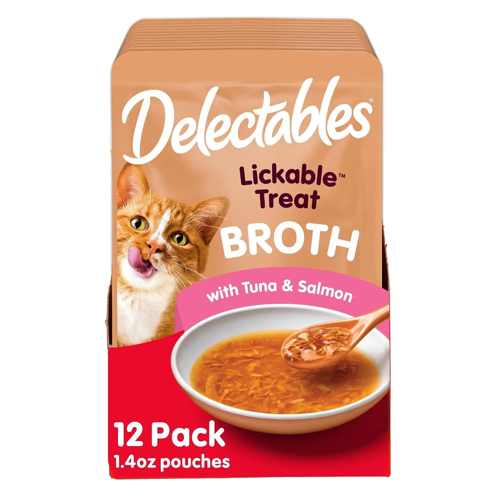 Delectables Lickable Treat Savory Broths Wet Cat Treat with Real Tuna & Salmon, Food Topper, Hydrating, Grain-Free, No Fillers, No By-Products, No Added Preservatives, 1.4oz Pouch, 12ct
