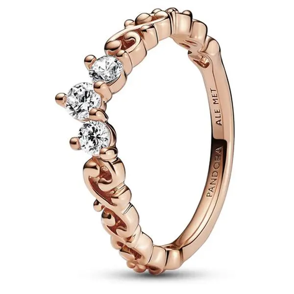 PANDORA Regal Tiara Ring, 14-Karat Rose Gold Plated Queen's Crown with Swirling Filigree and 3 Sparkling Stones, Three Sparkling Stones