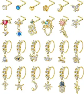 24 count 20G Dangle Nose Ring for Women L Shaped Dangling Nose Hoop Stud  CZ 316L Stainless Steel Butterfly Heart Moon Indian Charm Nose Ring Nostril Piercing