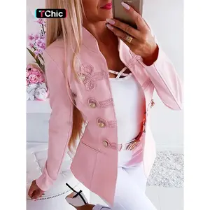 Women's pink disc buckle embellished jacket, stand-up collar slim long-sleeved jacket, women's fashionable commuter casual wear