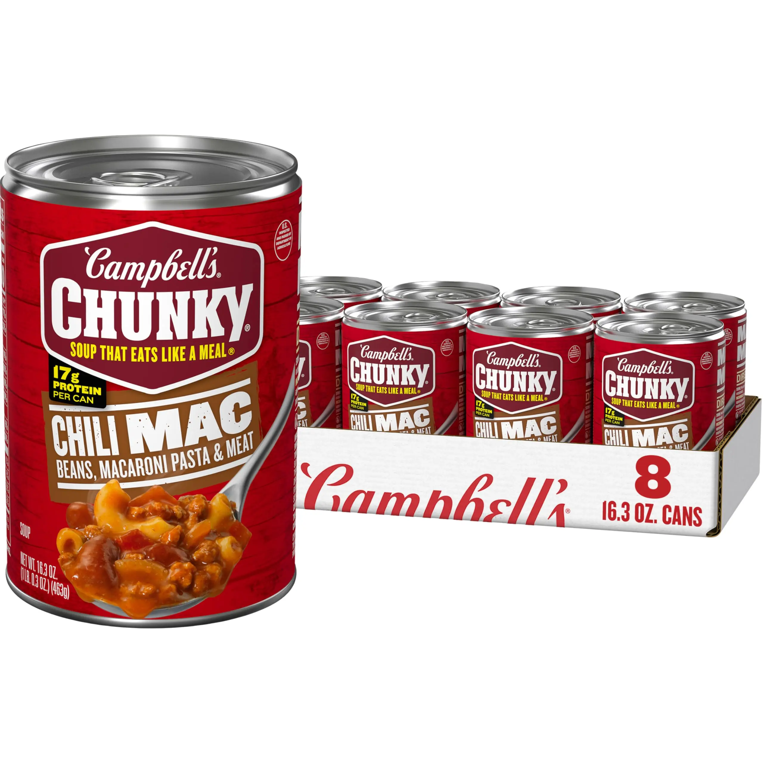 Chili Mac Soup, Ready to Serve Canned Soup, 8 Pack, Hearty Beef Pork Beans and Macaroni with 17g Protein, 16.3 oz Cans