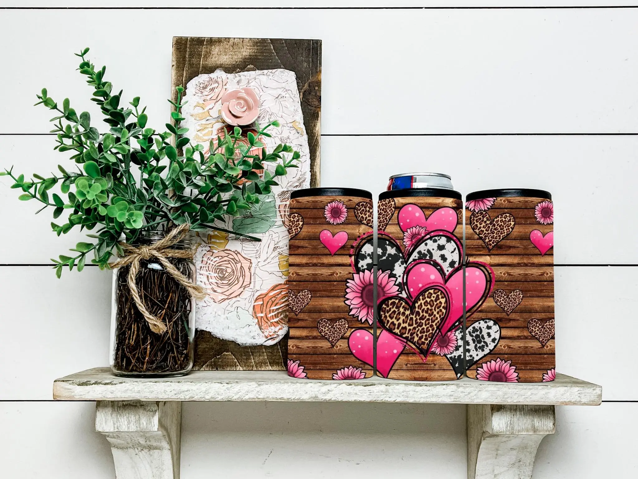 Pink, Leopard & Cow Print Hearts Skinny Koozie
