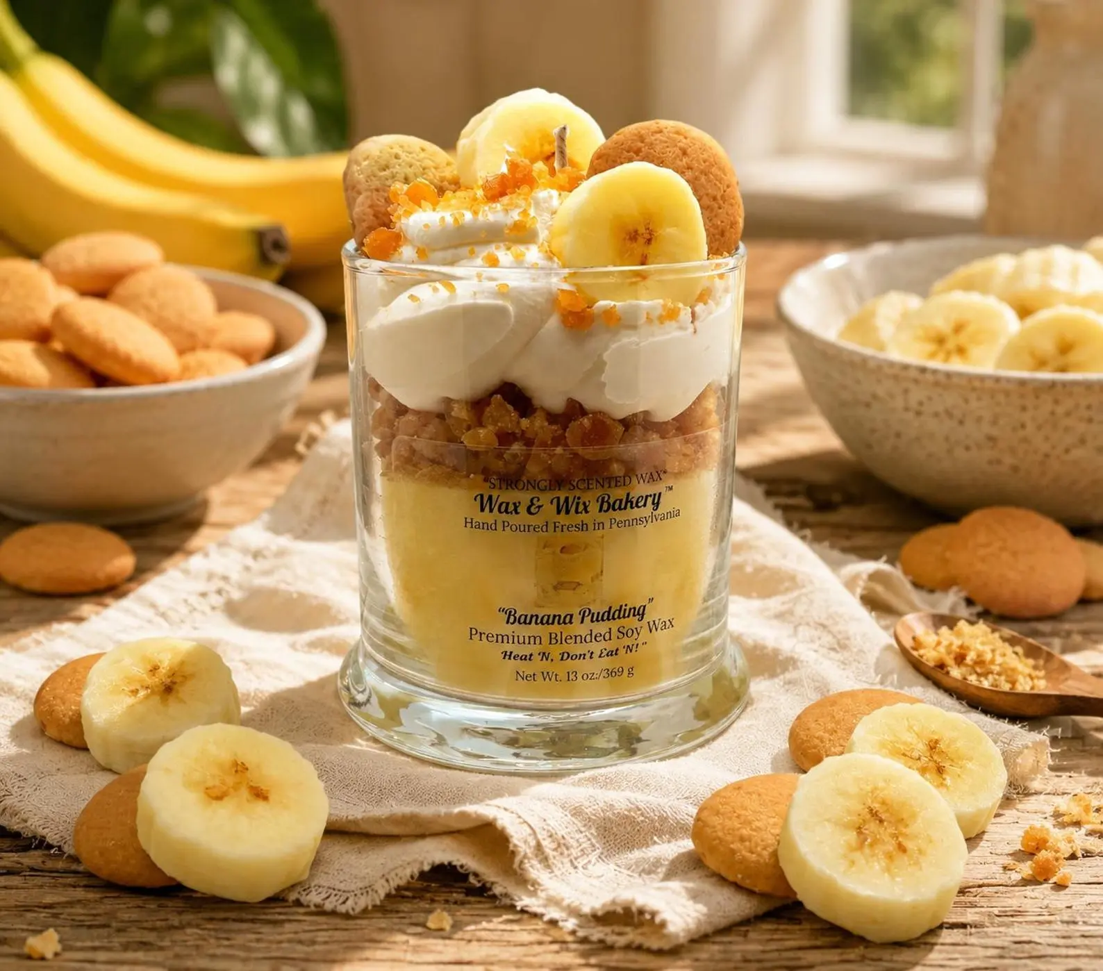 Banana Pudding Candle. Large 13 oz. Soy Candle/Banana Slices/Vanilla Wafers/Strongly Scented Candle/Dessert Candle/Bakery Candle.