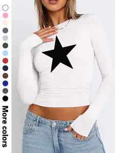 Women's Casual Fitted Long Sleeve Round Neck Stars Print Cropped Short Top, Spring & Fall Fashion Wrap Style Tee for Women