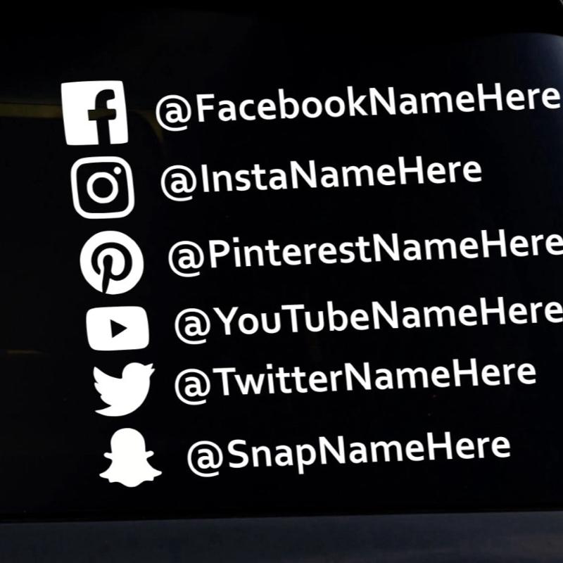 Social Media Handle X2 8” Permanent Vinyl Decal Sticker for Cars Laptop Truck Van with Facebook Instagram Pinterest YouTube Twitter Snapchat Icons