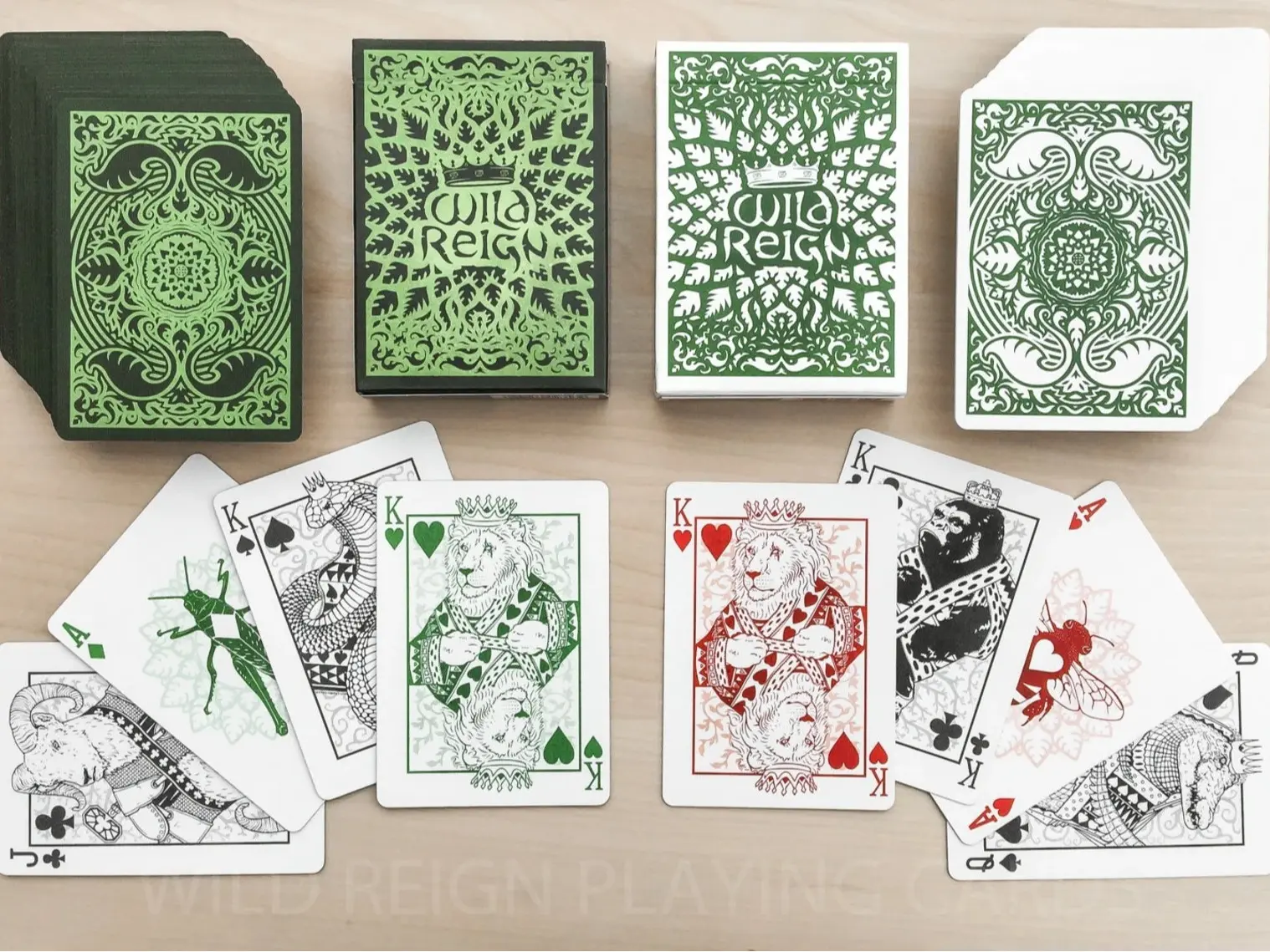 Wild Reign Playing Cards Deck, Illustrated Animal Kingdom Art, Evergreen Crimson Poker Set