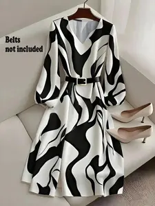 French Abstract Print Dress, Waist Cinch Slimming V Neck Three-Quarter Sleeve Elegant Mid-Length A-Line Dress
