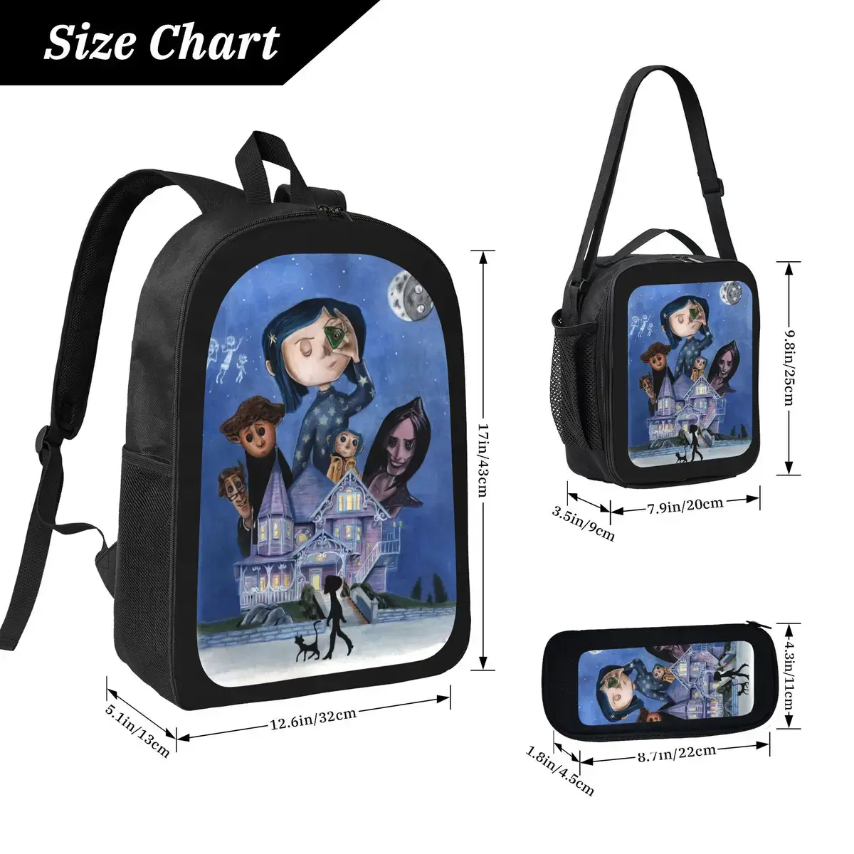 Animated Cora'lines Movie Child School Backpack with LunchBags ,Pencil Bags ,School Bags for Boys Girls Best Gift-B