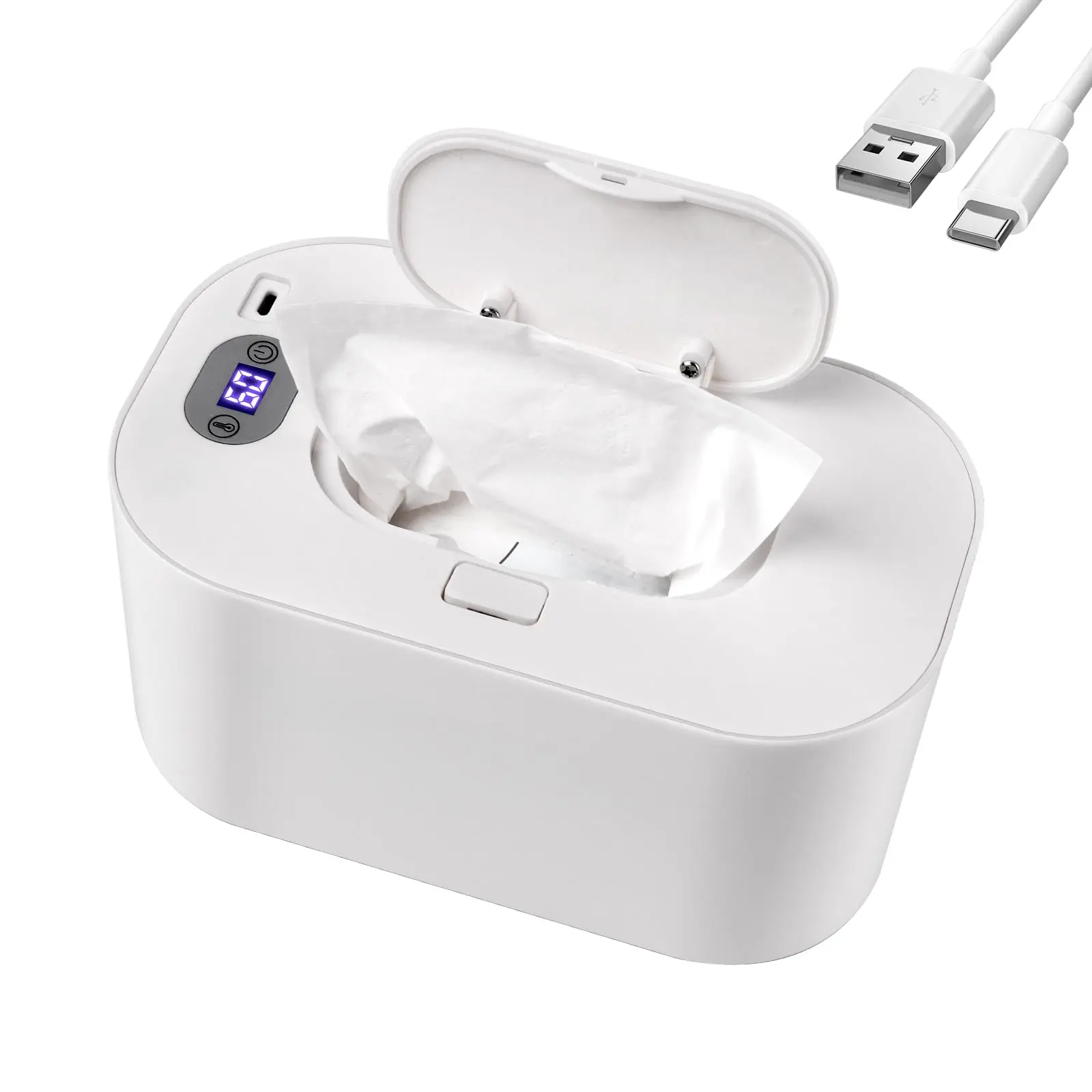 White Wipe Warmer & Dispenser with Heating Plate, 5-Mode Temp Control, 5V/2A, USB Port, Energy Efficient, Compact Baby Diaper Care Gadget, Portable Home Bathroom Supply Shower Gift, Temperature Controller
