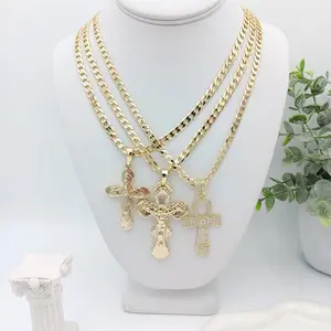 Yordy Elegant 14K Gold Veneer Chain & Link Necklace with Double Cross Pendant - 23 Inch Length, 5mm Thickness, Unisex Jewelry, Versatile Fashion Style