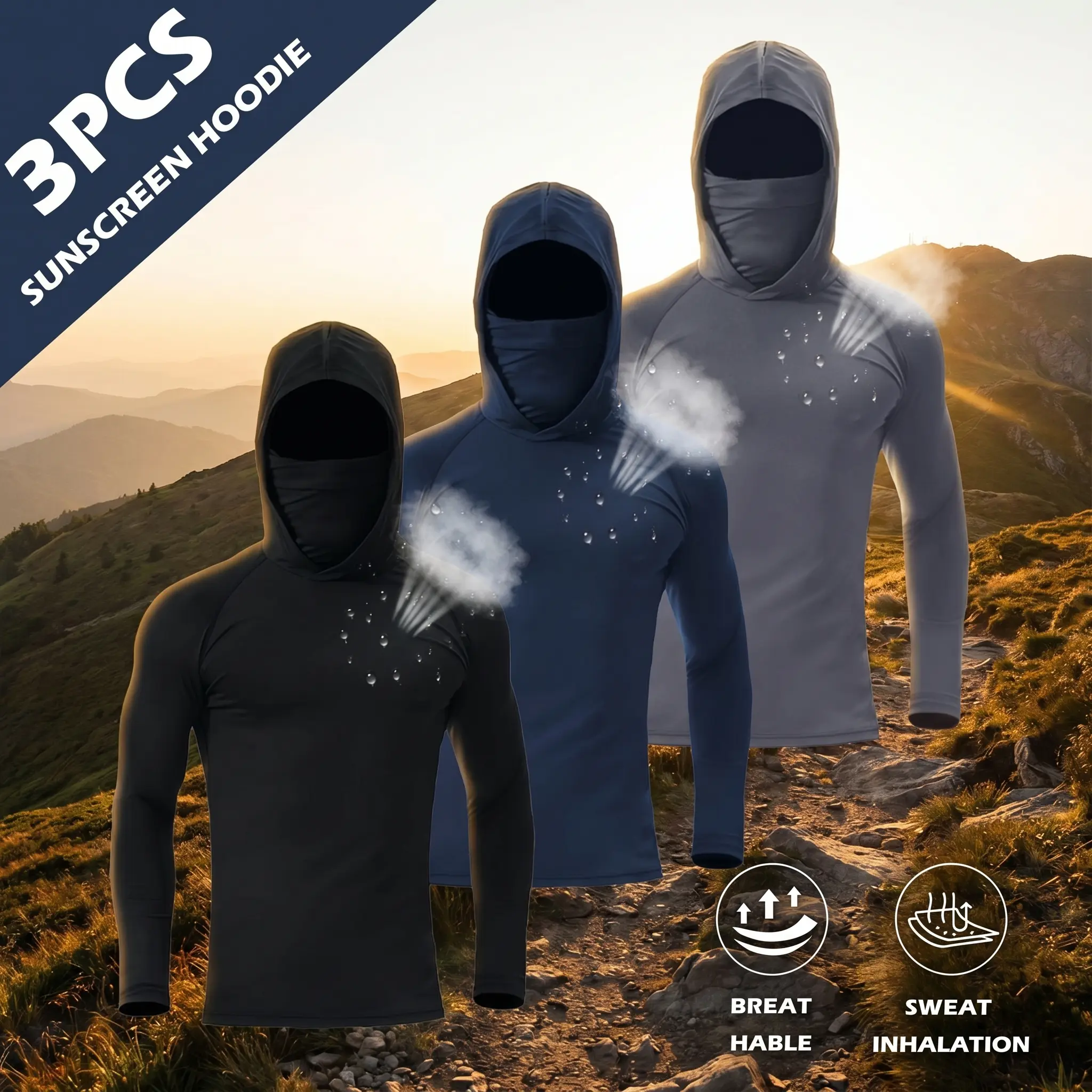 3-Pack Men's Hooded Long-Sleeve Shirt, Quick-Dry Windproof Compression Athletic Apparel with Built-in Face Mask for Running & Fitness, Activewear Running, Longsleeves Hoodie