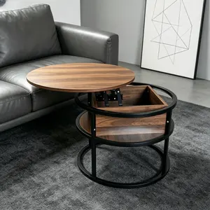 Double-layer round lift coffee table with a hidden storage compartment, suitable for home office or casual use.
