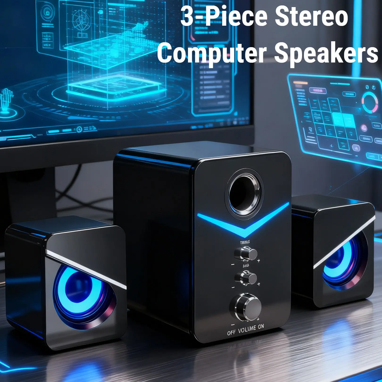 3-Piece Computer Speakers with Subwoofer – USB Desktop Speaker System with 3.5mm Audio Jack, Bass & Treble Control, Blue LED Light for PC/Laptop
