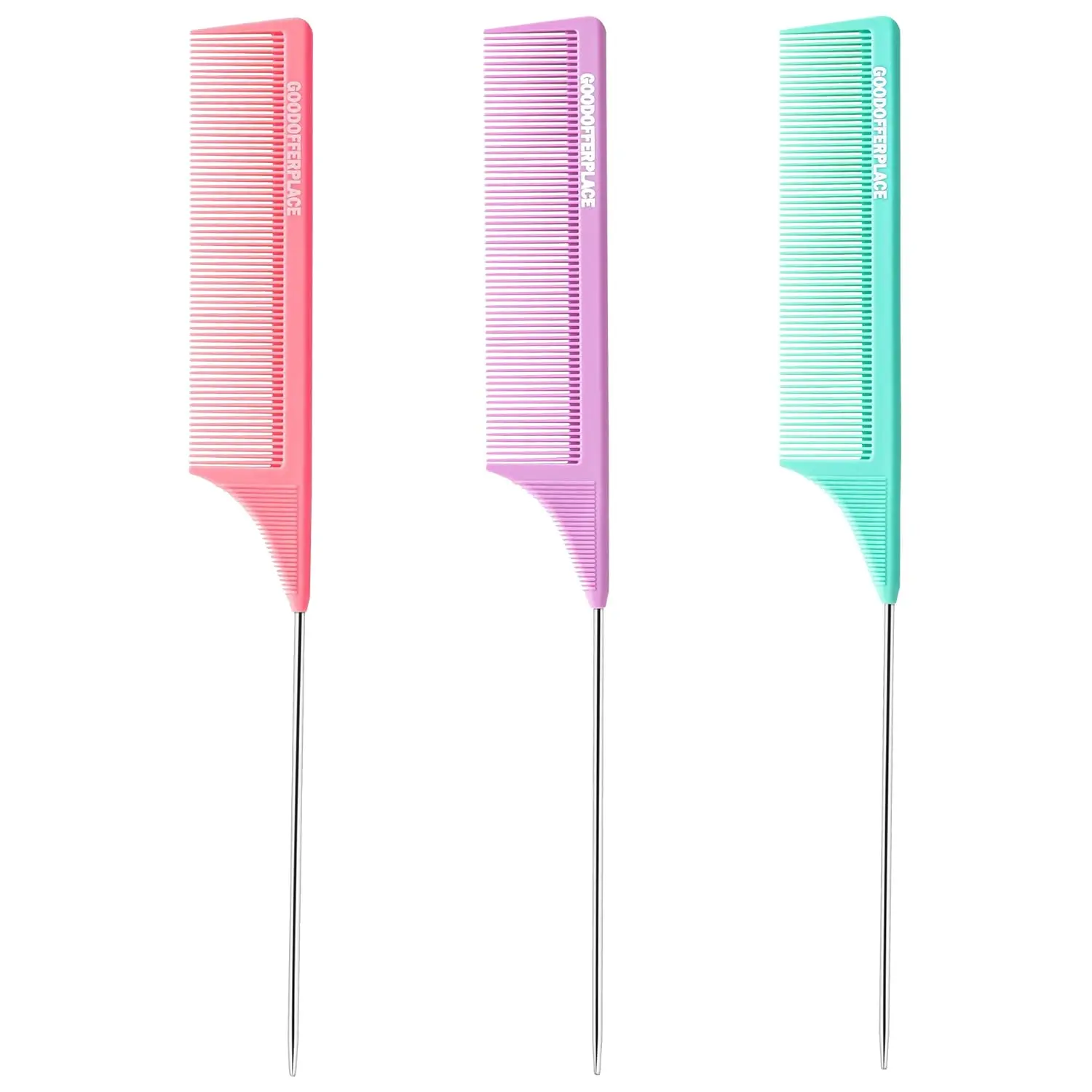 3-Pack Multicolor Rat Tail Combs with Metal Picks for Styling, Braiding, Highlighting & Detangling Hair – Pink, Purple, Green Multi-Color Set