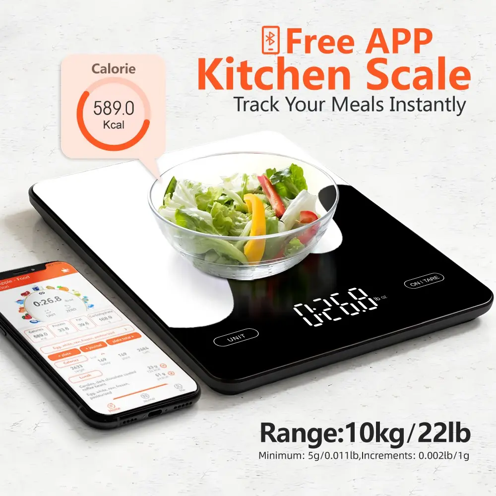 10KG 22LB Capacity Smart Kitchen Scale, Glass Surface Digital Food Scale with Free App, Calorie Macro Counter for Diet, Meal Prep & Fitness