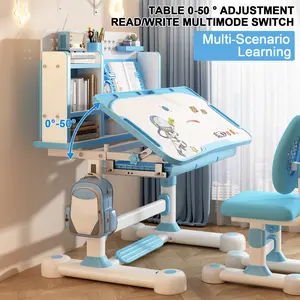 Kids' 2-Piece Height-Adjustable Ergonomic School Study Desk and Chair Set - Comfy Children's Learning Furniture with Metal Frame, Dual Back, Hollow Star Design, Sitting Corrector, Book Stand, Footrest, Large Area Partition (Pink, Blue)