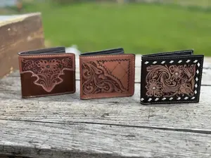 Men’s Western bi-fold wallet tooled floral Cow Skull Aces Cards details by Double B Wild Rags