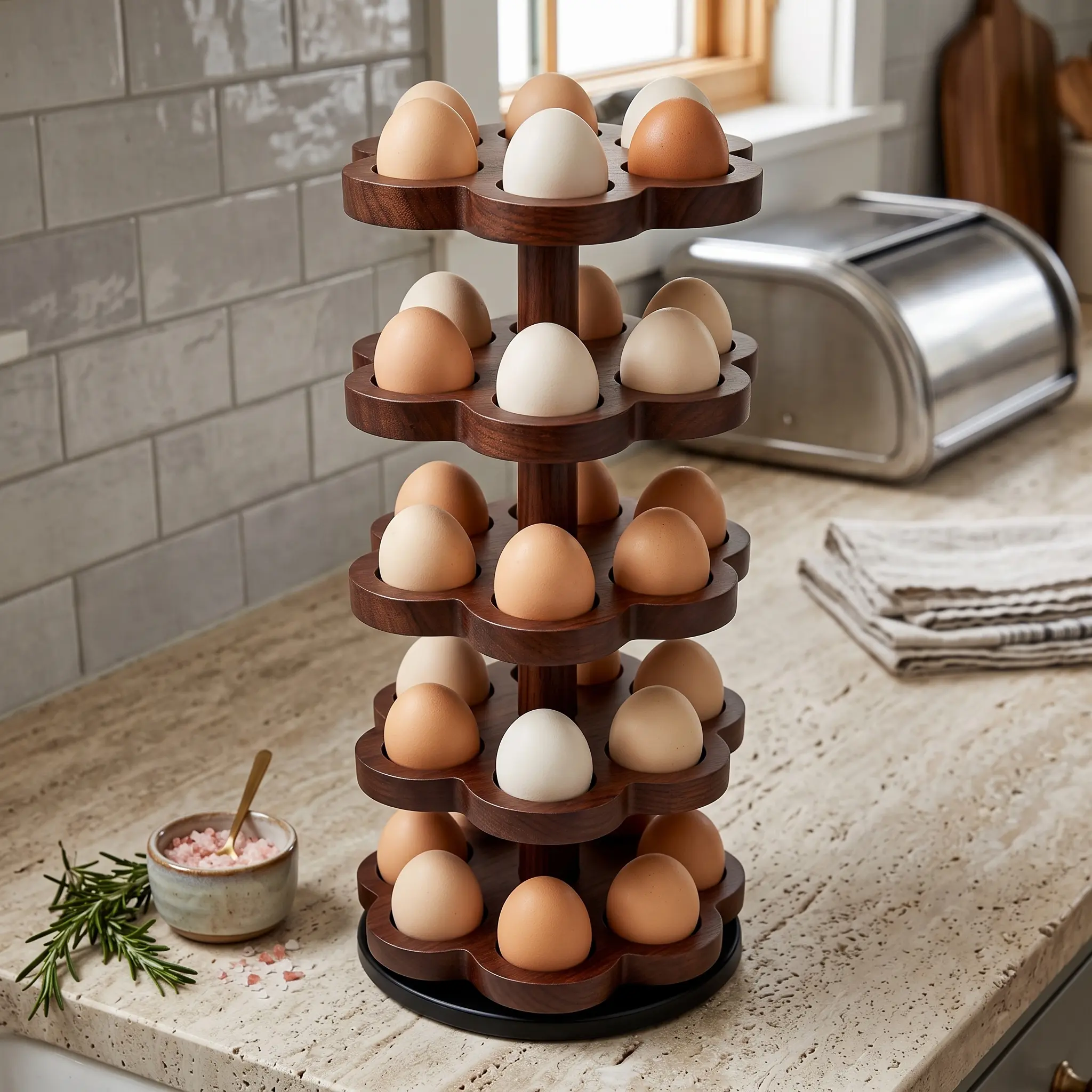 Rotating Wooden Egg Holder 30 Egg 360° Farmhouse Countertop Storage Rack Brown