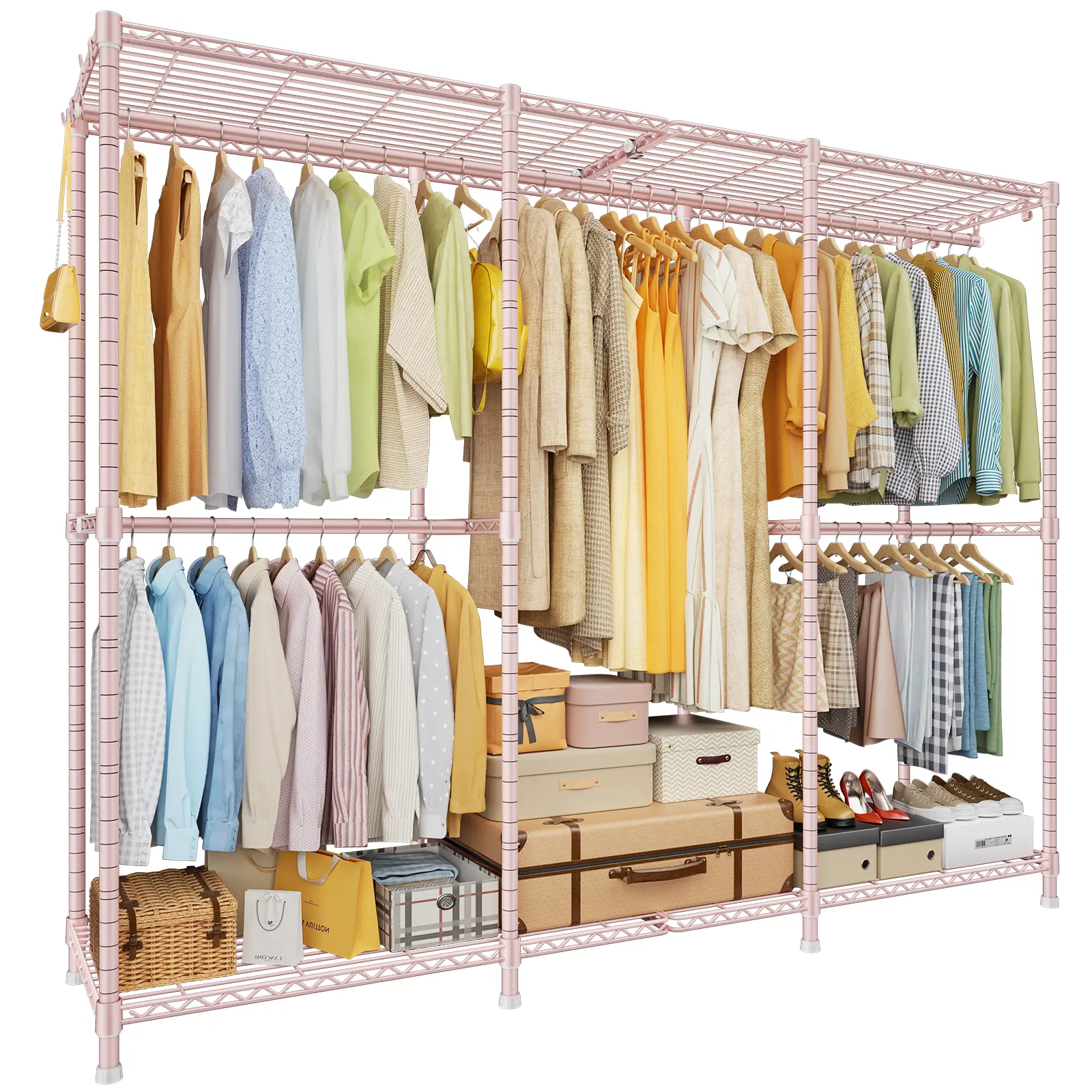 E14 Pro Heavy Duty Clothes Rack，Freestanding Clothing Racks for Hanging Clothes，Adjustable Closet Organizers and Storage，Metal Garment Rack with Shelves 69"W x16"D x77"H，Max Load 960LBS，Pink