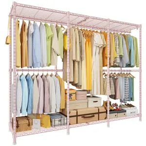 E14 Pro Heavy Duty Clothes Rack，Freestanding Clothing Racks for Hanging Clothes，Adjustable Closet Organizers and Storage，Metal Garment Rack with Shelves 69"W x16"D x77"H，Max Load 960LBS，Pink