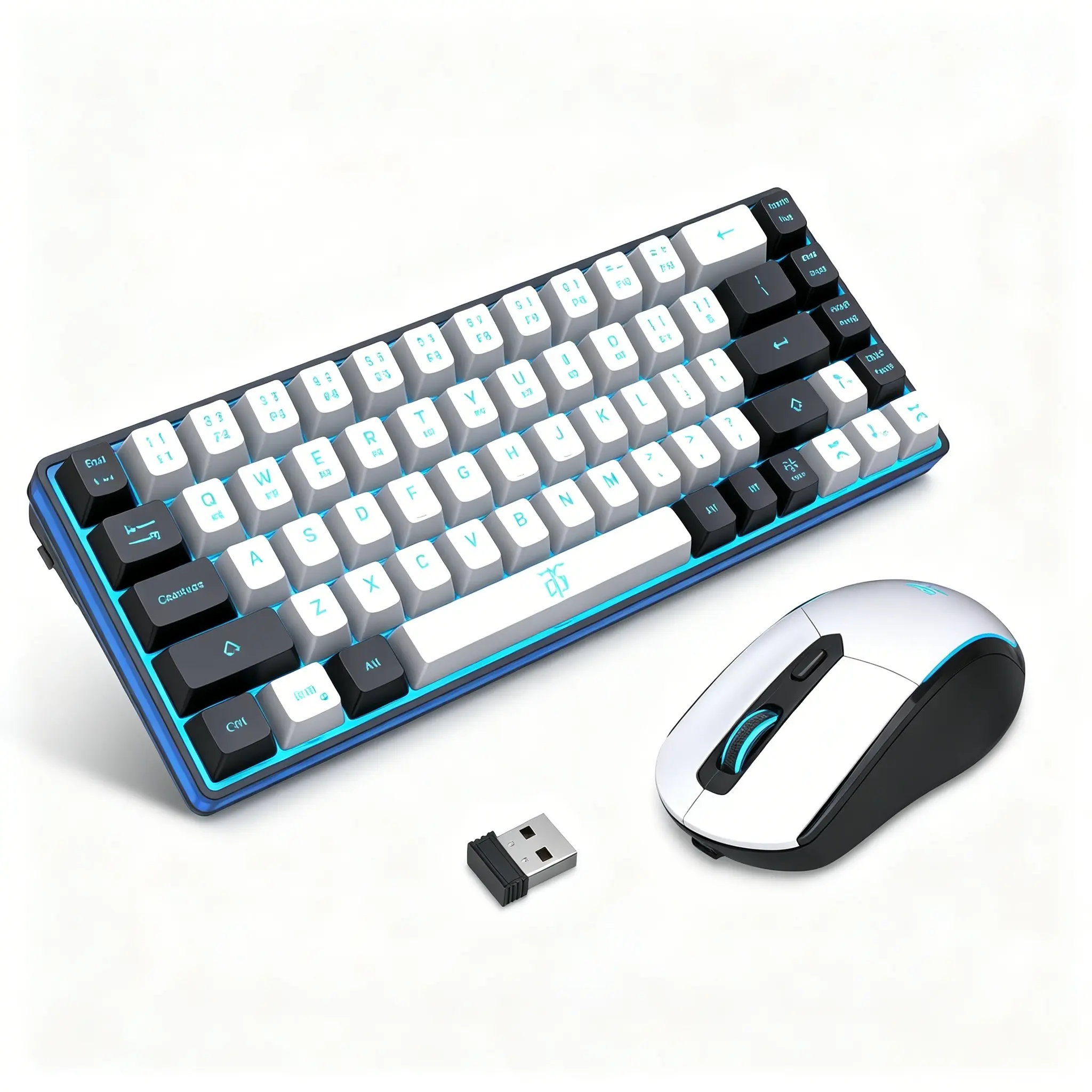 White & Black 60% Compact Wireless Keyboard and Mouse Combo, Ice Blue Backlit Rechargeable Membrane Keyboard with 2000mAh Battery, Dual-purpose Wireless Desktop Peripheral Kit for Gaming Entertainment and Daily Office Work