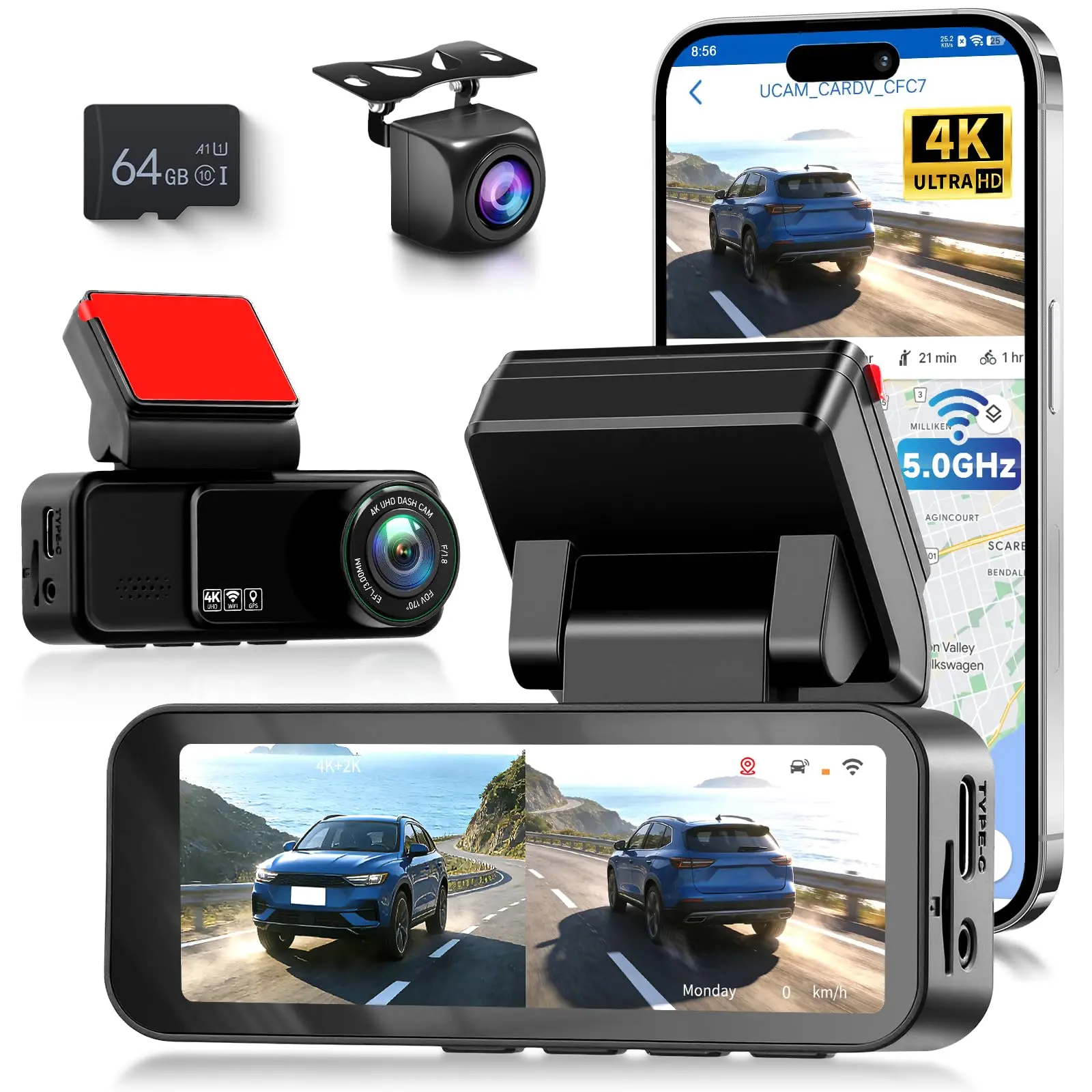4K Front & 2K Rear Dual Dash Cam, 3.16 in Car Recorder with Night Vision, ADAS, GPS Tracking, 24/7 Parking Monitoring, WiFi, 64GB SD Card Included